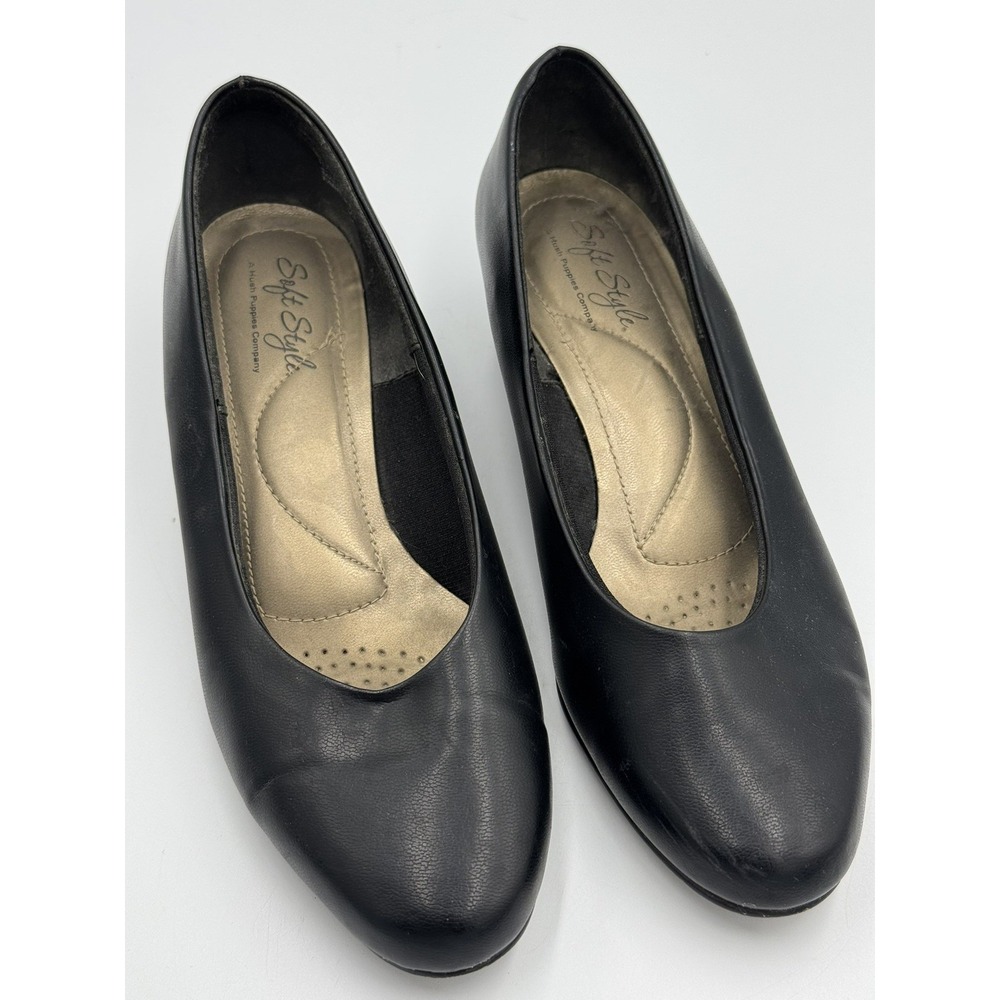 Soft style 6 Wide Black Leather Comfort Shoes 1 Inch Heel